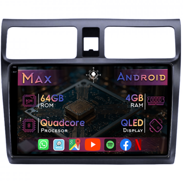 Navigatie dedicata Suzuki Swift 3 2005-2010, 4GB RAM 64GB ROM, Quad Core, Display 10" QLED 1K, Carplay&Android Auto, Android 14, Suport camere AHD