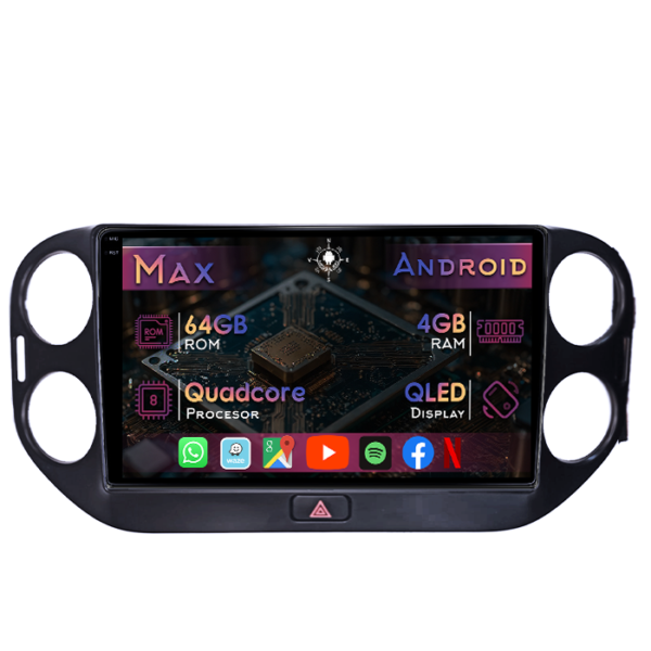 Navigatie dedicata Volkswagen Tiguan 1 2007-2018, Neagra, 4GB RAM 64GB ROM, Quad Core, Display 9" QLED 1K, Carplay&Android Auto, Android 14, Suport camere AHD
