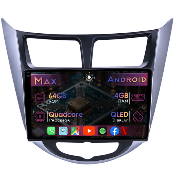 Navigatie dedicata Hyundai Verna 2010-2016, 4GB RAM 64GB ROM, Quad Core, Display 9" QLED 1K, Carplay&Android Auto, Android 14, Suport camere AHD