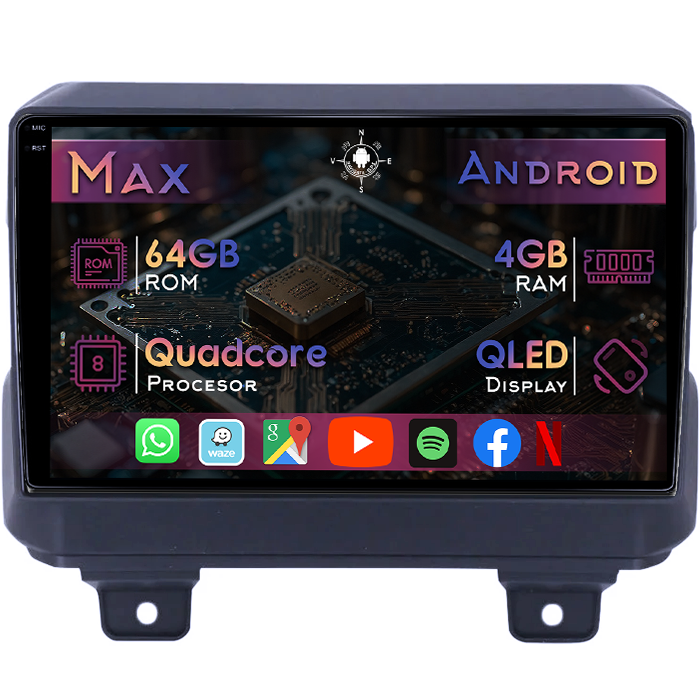 Navigatie dedicata Jeep Wrangler 2018-2019, 4GB RAM 64GB ROM, Quad Core, Display 9" QLED 1K, Carplay&Android Auto, Android 14, Suport camere AHD - imagine 1