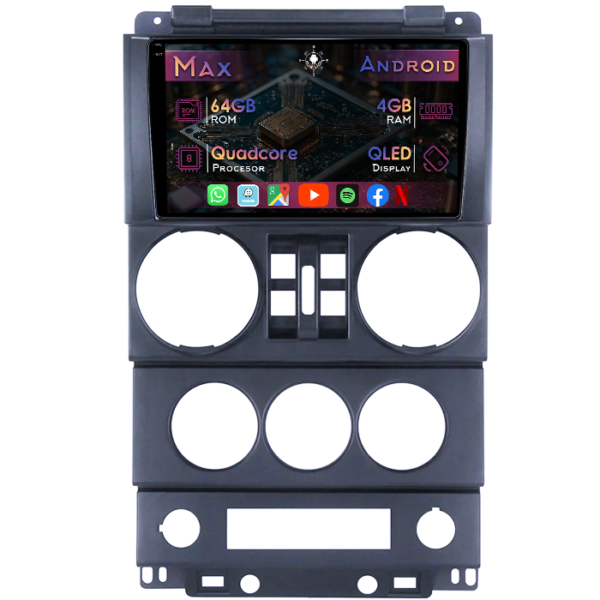 Navigatie dedicata Jeep Wrangler Rubicon 2008-2010, 4GB RAM 64GB ROM, Quad Core, Display 9" QLED 1K, Carplay, Android 13, Bluetooth, Magazin Play, Suport camere AHD