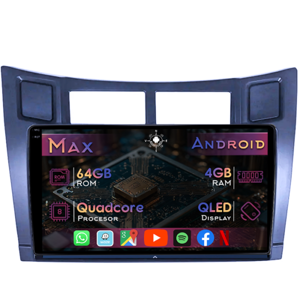 Navigatie dedicata Toyota Yaris P9 2006-2011, Black, 4GB RAM 64GB ROM, Quad Core, Display 9" QLED 1K, Carplay&Android Auto, Android 14
