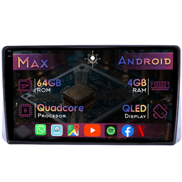 Navigatie dedicata Chrysler Grand Voyager 2013-2016, 4GB RAM 64GB ROM, Quad Core, Display 9" QLED 1K, Carplay&Android Auto, Android 14, Suport camere AHD