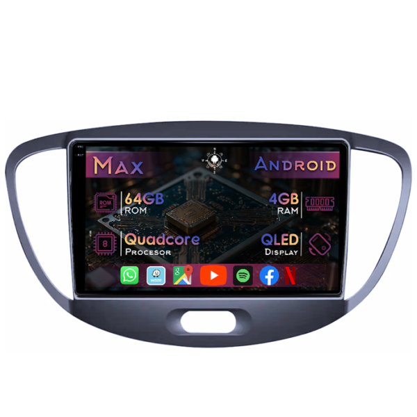 Navigatie dedicata Hyundai i10 2007-2013, 4GB RAM 64GB ROM, Quad Core, Display 9" QLED 1K, Carplay&Android Auto, Android 14, Suport camere AHD