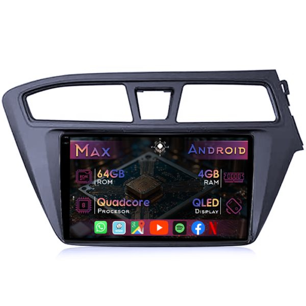 Navigatie dedicata Hyundai I20 2015-2017, 4GB RAM 64GB ROM, Quad Core, Display 9" QLED 1K, Carplay&Android Auto, Android 14, Suport camere AHD