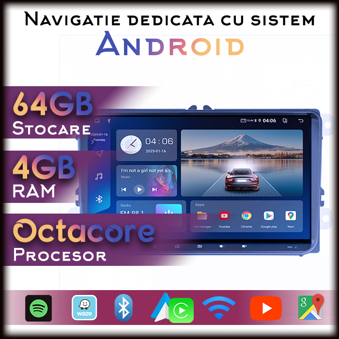 Navigatie dedicata Volkswagen, 4GB RAM 64GB ROM, Octacore, Android 14, Display QLED 9", Carplay&Android Auto, SIM 4G - imagine 1