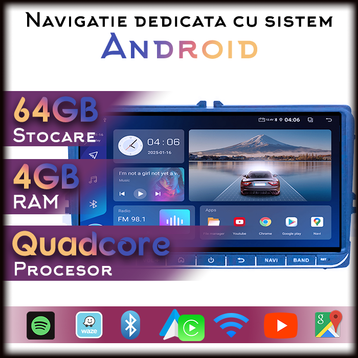 Navigatie dedicata Volkswagen, 4GB RAM 64GB ROM, Quadcore , Android 14, Display QLED 9", DSP, Carplay&Android Auto - imagine 1