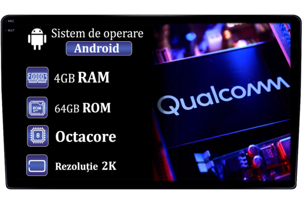 Navigatie universala, 4GB RAM 64GB ROM, Procesor SnapDragon Qualcomm Octacore 2.0GHz, Android 14, Rezolutie 2K, Display QLED 9", DSP, Carplay&Android Auto, SIM 4G