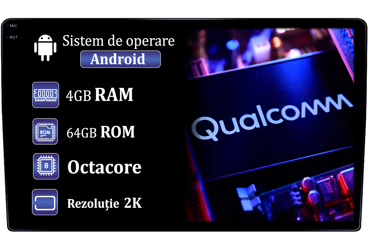 Navigatie universala, 4GB RAM 64GB ROM, Procesor SnapDragon Qualcomm Octacore 2.0GHz, Android 14, Rezolutie 2K, Display QLED 9", DSP, Carplay&Android Auto, SIM 4G - imagine 1