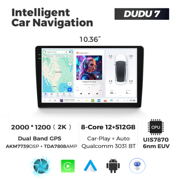 Navigatie Universala DUDU7 10" 12GB RAM, 512GB ROM, Octacore, Ecran 2K, CarPlay&AndroidAuto, Android