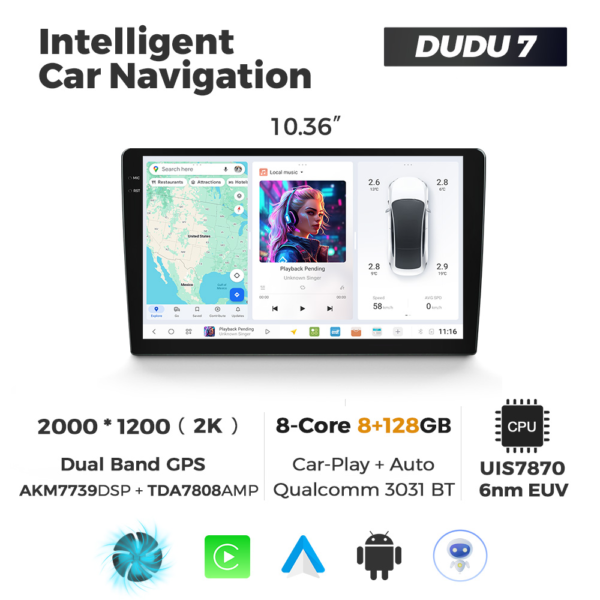 Navigatie Universala DUDU7 10" 8GB RAM, 128GB ROM, Octacore, Ecran 2K, CarPlay&AndroidAuto, Android