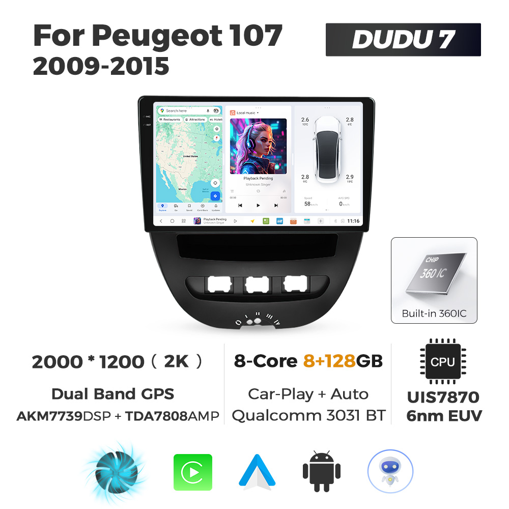 Navigatie Dedicata Peugeot 107 2009-2015 DUDU7 9" 8GB RAM, 128GB ROM, Octacore, Ecran 2K, CarPlay&AndroidAuto, Android - imagine 1