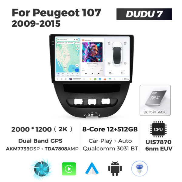 Navigatie Dedicata Peugeot 107 2009-2015 DUDU7 9" 12GB RAM, 512GB ROM, Octacore, Ecran 2K, CarPlay&AndroidAuto, Android