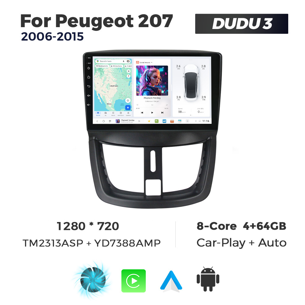 Navigatie Dedicata Peugeot 207 2006-2015 DUDU3 9" 4GB RAM, 64GB ROM, Octacore, Ecran HD, CarPlay&AndroidAuto, Android - imagine 1