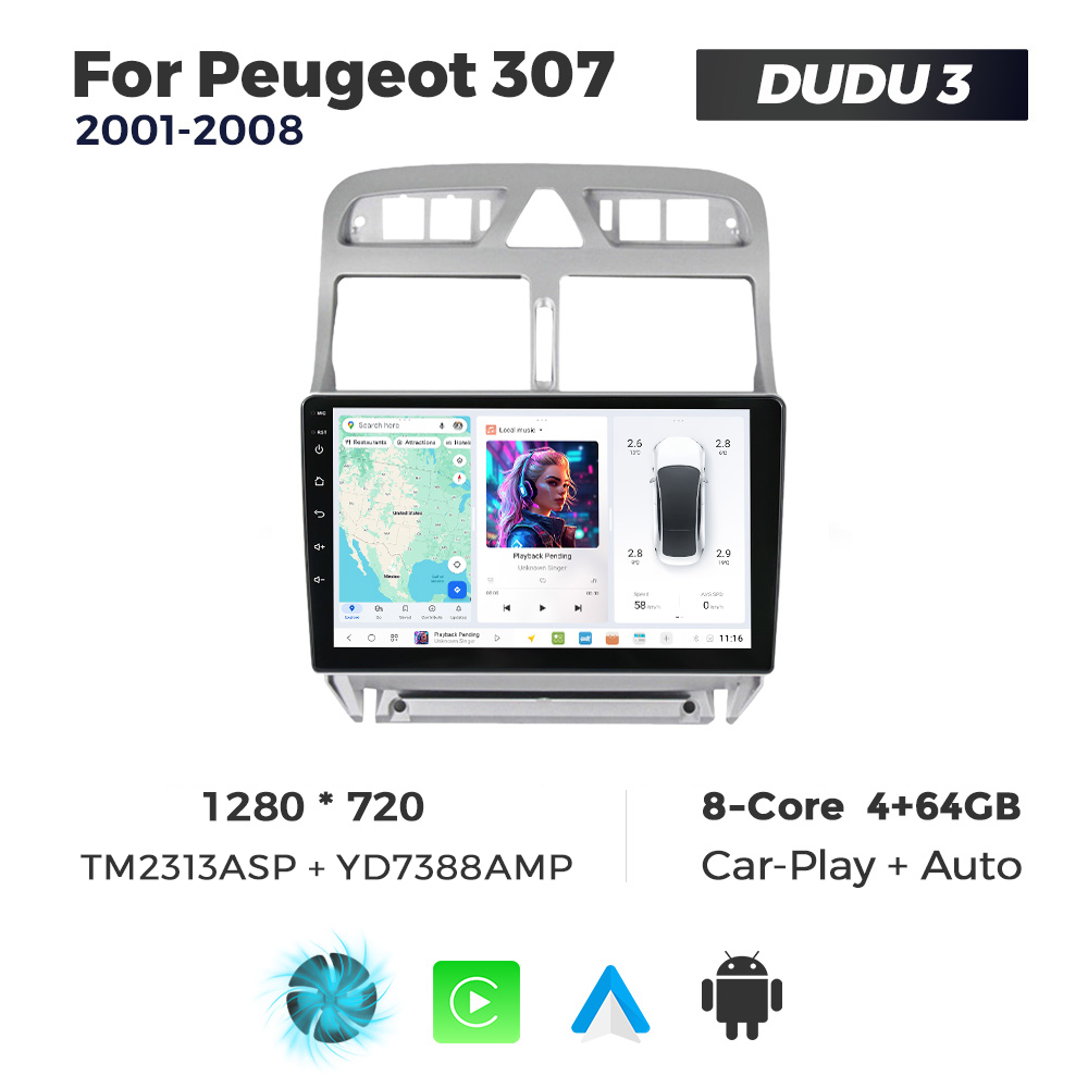 Navigatie Dedicata Peugeot 307 2001-2008 DUDU3 9" 4GB RAM, 64GB ROM, Octacore, Ecran HD, CarPlay&AndroidAuto, Android - imagine 1