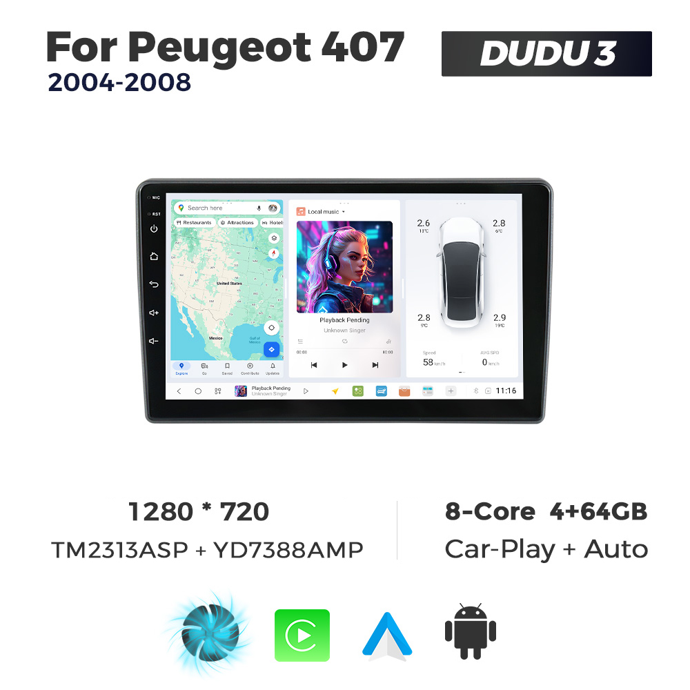 Navigatie Dedicata Peugeot 407 2004-2008 DUDU3 9" 4GB RAM, 64GB ROM, Octacore, Ecran HD, CarPlay&AndroidAuto, Android - imagine 1