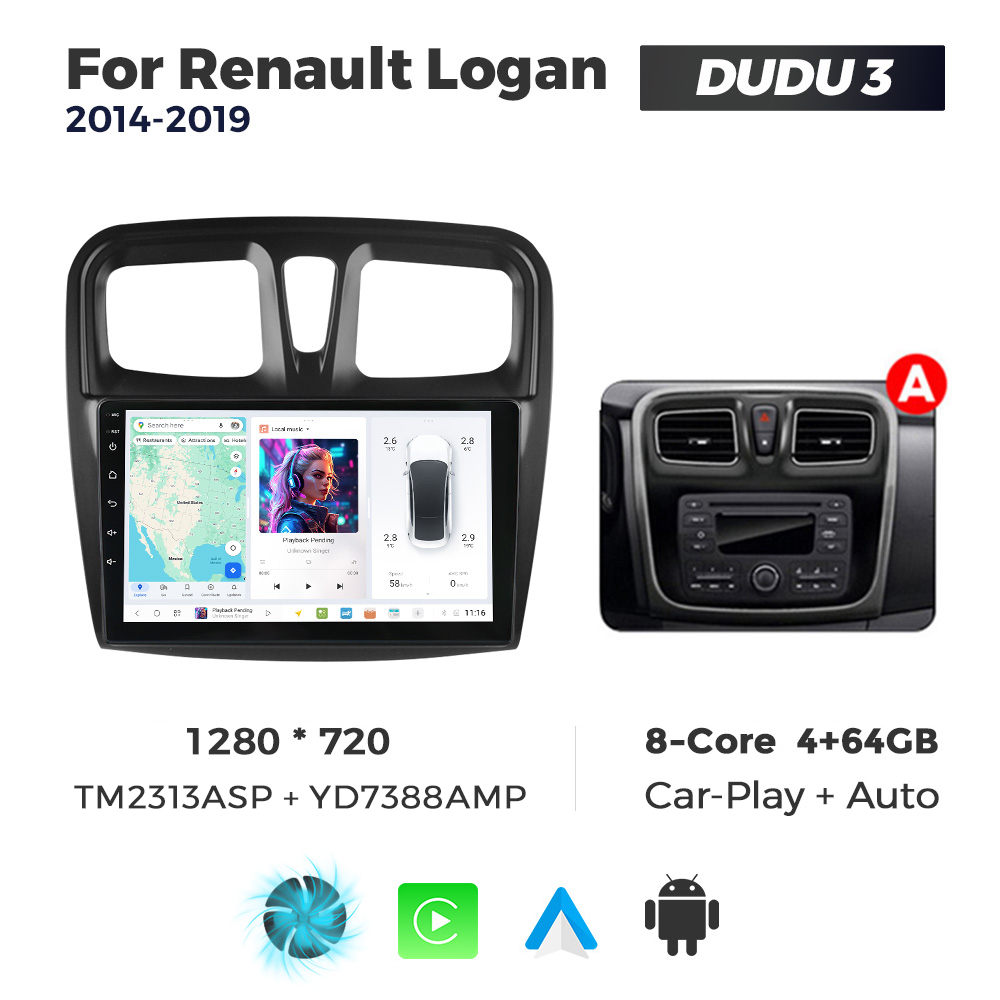 Navigatie Dedicata Renault Logan 2014-2019 Fante Patrate DUDU3 9" 4GB RAM, 64GB ROM, Octacore, Ecran HD, CarPlay&AndroidAuto, Android - imagine 1