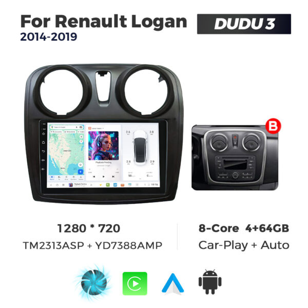 Navigatie Dedicata Renault Logan 2014-2019 Fante Rotunde DUDU3 9" 4GB RAM, 64GB ROM, Octacore, Ecran HD, CarPlay&AndroidAuto, Android
