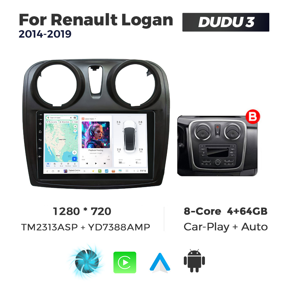 Navigatie Dedicata Renault Logan 2014-2019 Fante Rotunde DUDU3 9" 4GB RAM, 64GB ROM, Octacore, Ecran HD, CarPlay&AndroidAuto, Android - imagine 1