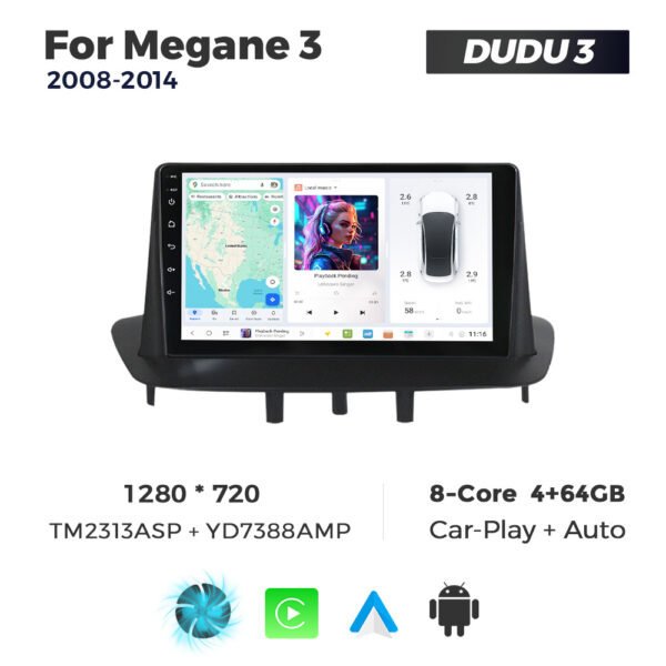 Navigatie Dedicata Renault Megan 3 2008-2014 DUDU3 9" 4GB RAM, 64GB ROM, Octacore, Ecran HD, CarPlay&AndroidAuto, Android