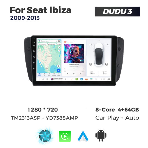 Navigatie Dedicata Seat Ibiza 2009-2013 DUDU3 9" 4GB RAM, 64GB ROM, Octacore, Ecran HD, CarPlay&AndroidAuto, Android