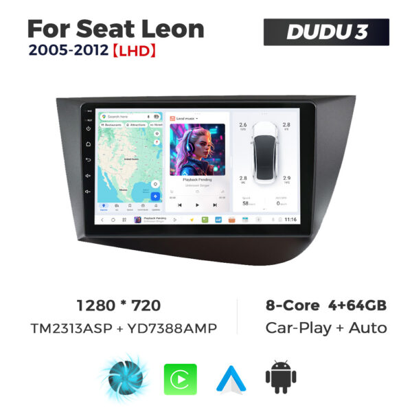 Navigatie Dedicata Seat Leon 2005-2012 DUDU3 9" 4GB RAM, 64GB ROM, Octacore, Ecran HD, CarPlay&AndroidAuto, Android