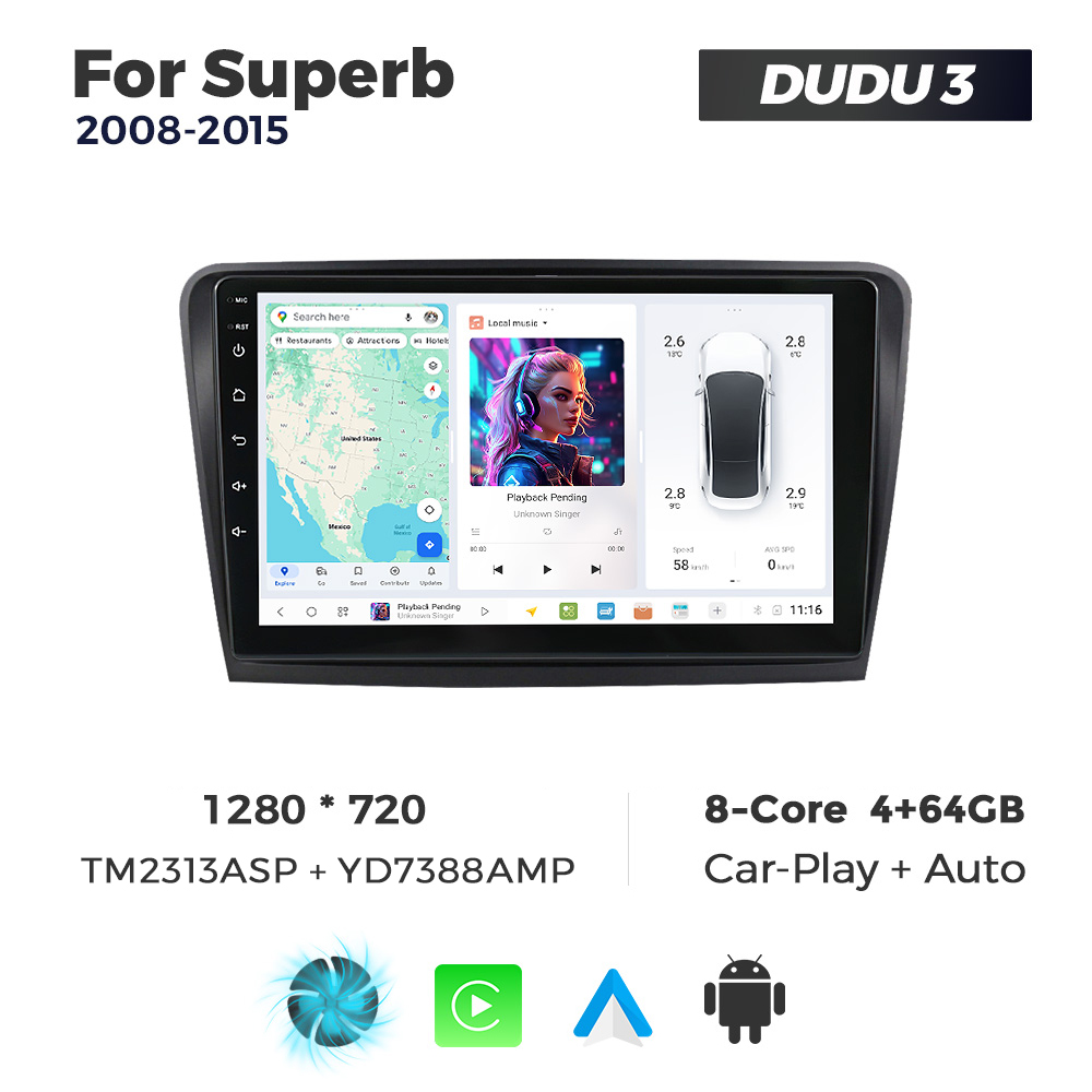 Navigatie Dedicata Skoda Superb 2008-2015 DUDU3 9" 4GB RAM, 64GB ROM, Octacore, Ecran HD, CarPlay&AndroidAuto, Android - imagine 1