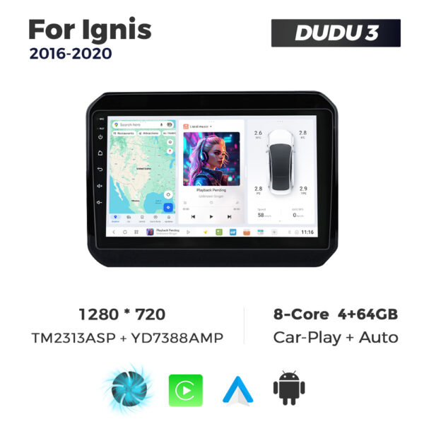 Navigatie Dedicata Suzuki Ignis 2016-2020 DUDU3 9" 4GB RAM, 64GB ROM, Octacore, Ecran HD, CarPlay&AndroidAuto, Android