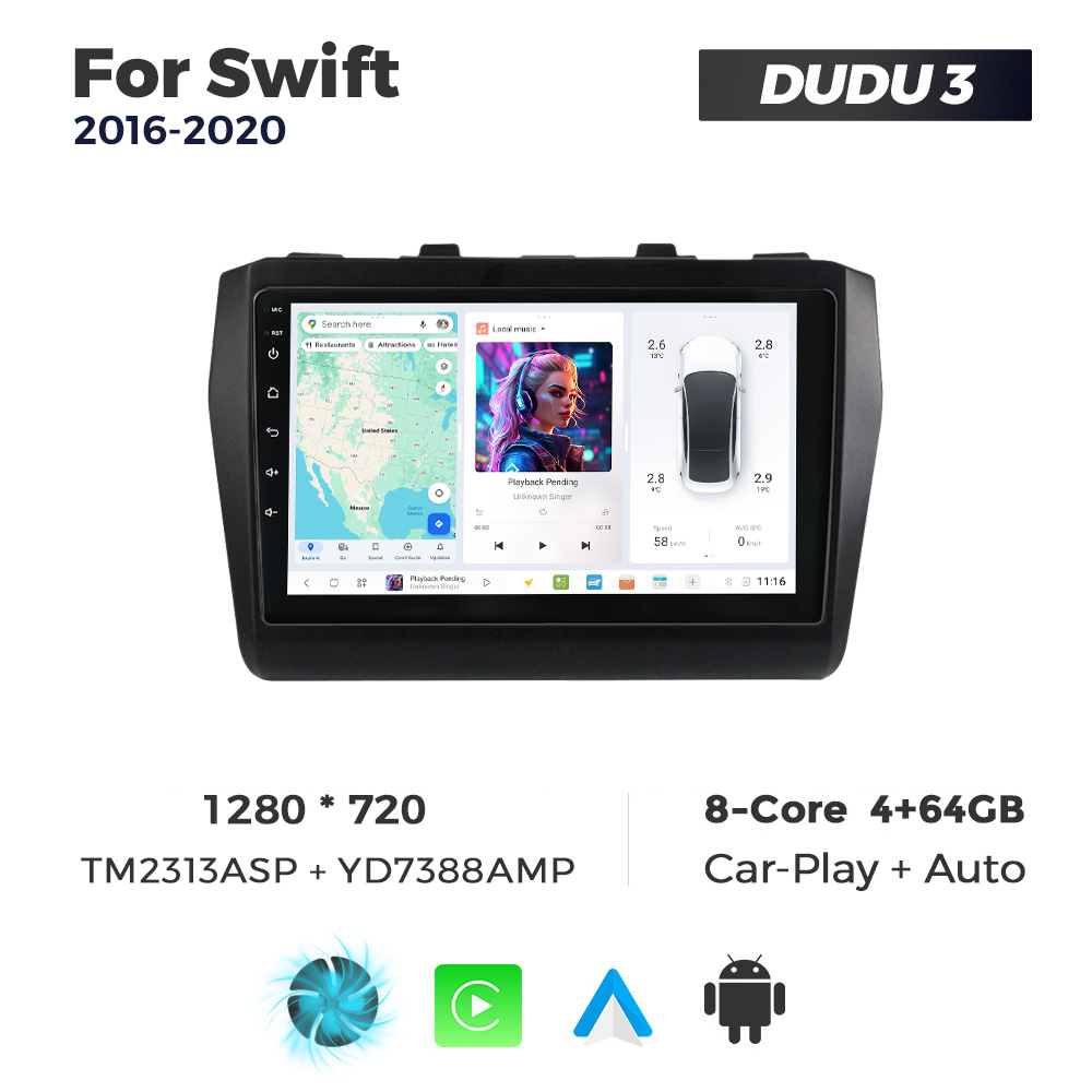 Navigatie Dedicata Suzuki Swift 2016-2020 DUDU3 9" 4GB RAM, 64GB ROM, Octacore, Ecran HD, CarPlay&AndroidAuto, Android - imagine 1