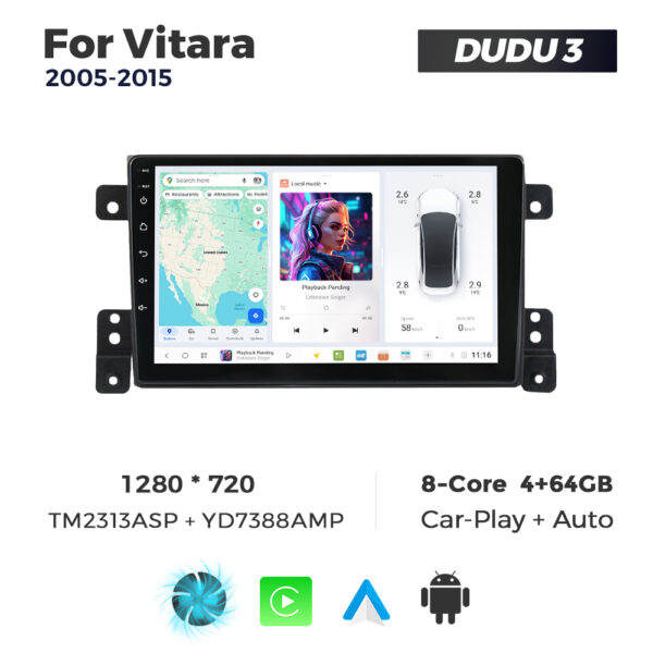Navigatie Dedicata Suzuki Vitara 2005-2015 DUDU3 9" 4GB RAM, 64GB ROM, Octacore, Ecran HD, CarPlay&AndroidAuto, Android
