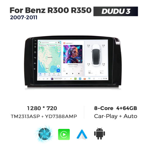 Navigatie Dedicata Benz R300 R350 2007-2011 DUDU3 9" 4GB RAM, 64GB ROM, Octacore, Ecran HD, CarPlay&AndroidAuto, Android