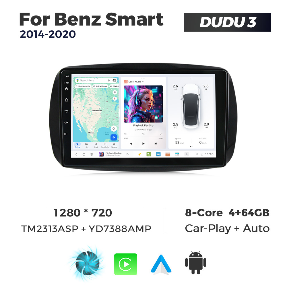 Navigatie Dedicata Benz Smart 2014-2020 DUDU3 9" 4GB RAM, 64GB ROM, Octacore, Ecran HD, CarPlay&AndroidAuto, Android - imagine 1