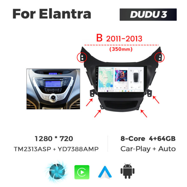 Navigatie Dedicata Hyundai Elantra 2011-2013 B DUDU3 9" 4GB RAM, 64GB ROM, Octacore, Ecran HD, CarPlay&AndroidAuto, Android
