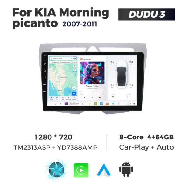 Navigatie Dedicata Kia Morning Picanto 2007-2011 DUDU3 9" 4GB RAM, 64GB ROM, Octacore, Ecran HD, CarPlay&AndroidAuto, Android