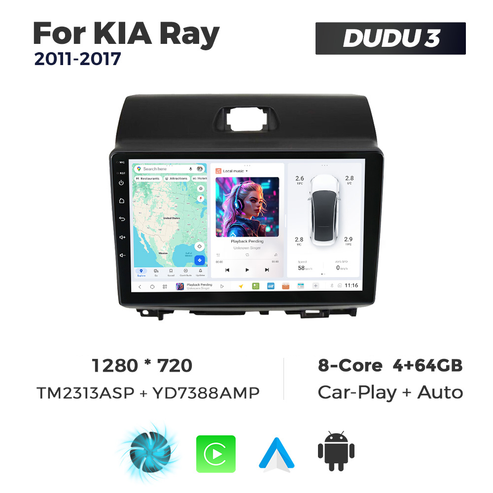 Navigatie Dedicata Kia Ray 2011-2017 DUDU3 9" 4GB RAM, 64GB ROM, Octacore, Ecran HD, CarPlay&AndroidAuto, Android - imagine 1