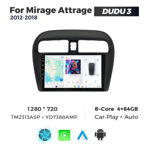 Navigatie Dedicata Mitsubishi Mirage 2012-2018 DUDU3 9" 4GB RAM, 64GB ROM, Octacore, Ecran HD, CarPlay&AndroidAuto, Android