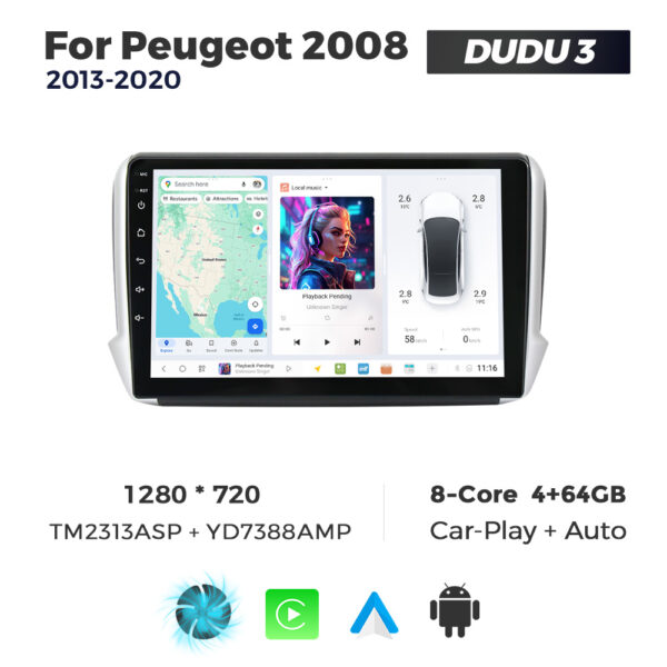 Navigatie Dedicata Peugeot 2008 2013-2020 DUDU3 9" 4GB RAM, 64GB ROM, Octacore, Ecran HD, CarPlay&AndroidAuto, Android