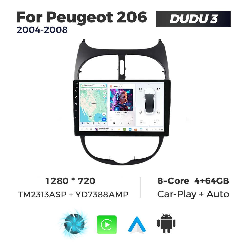 Navigatie Dedicata Peugeot 206 2004-2008 DUDU3 9" 4GB RAM, 64GB ROM, Octacore, Ecran HD, CarPlay&AndroidAuto, Android - imagine 1