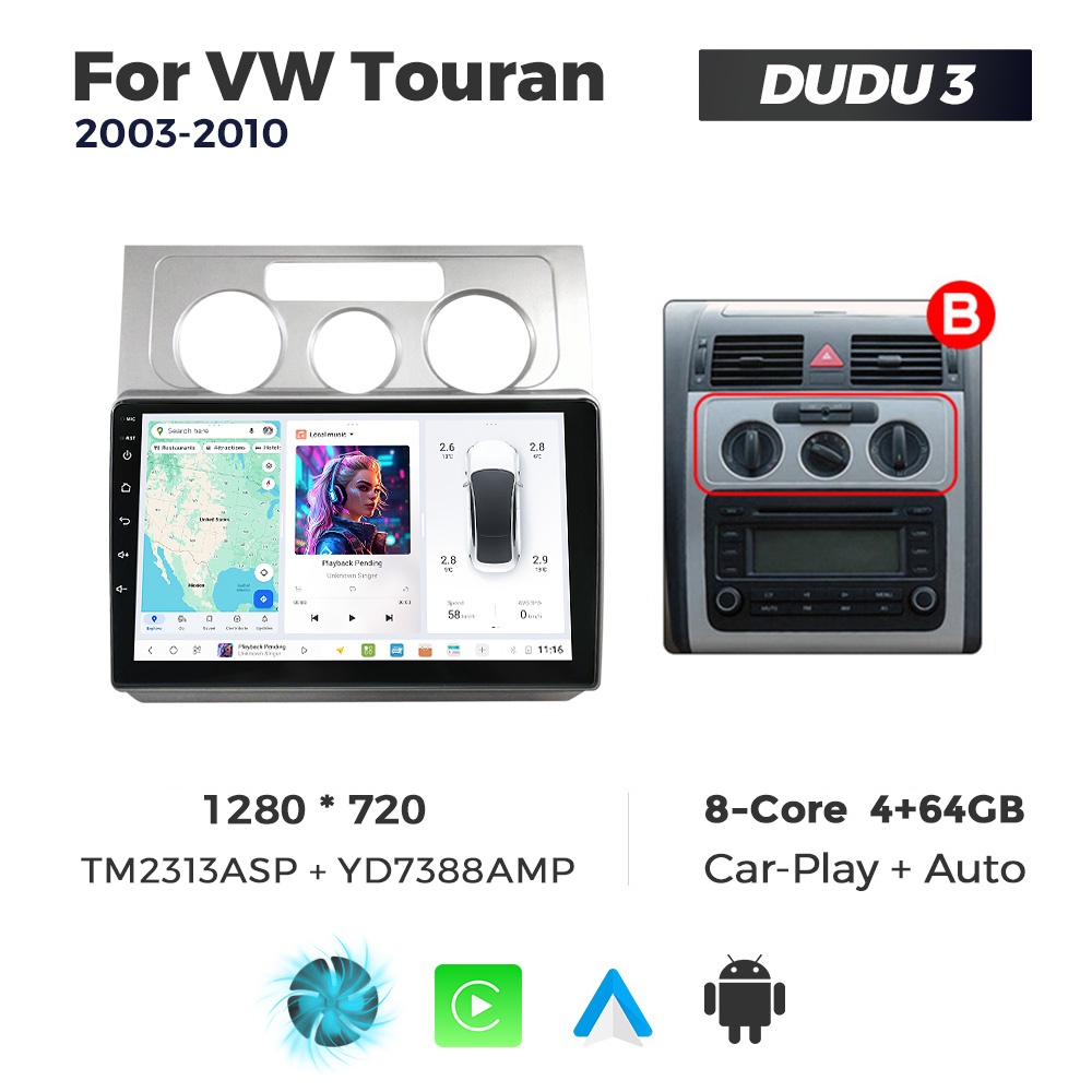 Navigatie Dedicata Volkswagen Touran 2003-2010 Gri DUDU3 10" 4GB RAM, 64GB ROM, Octacore, Ecran HD, CarPlay&AndroidAuto, Android - imagine 1