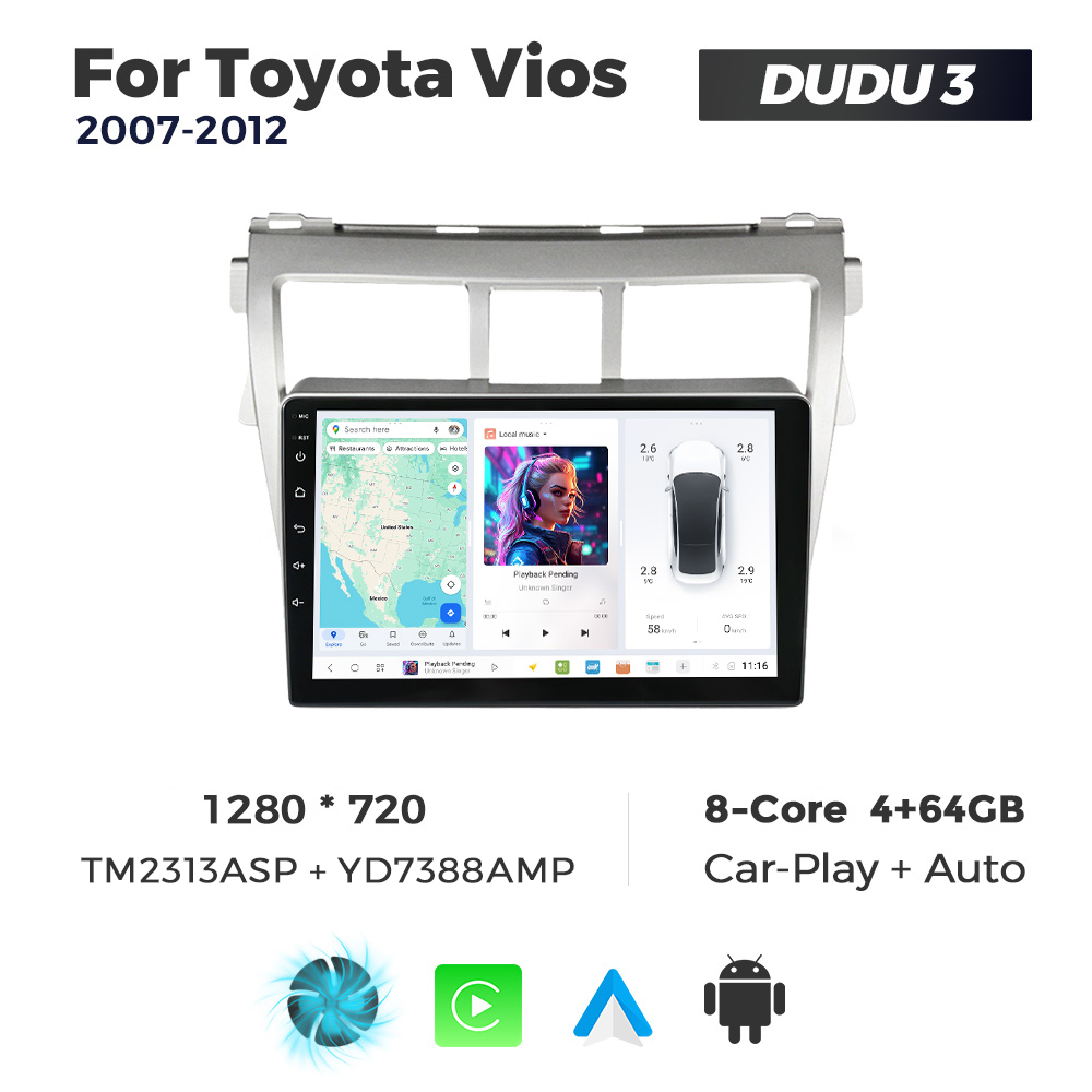 Navigatie Dedicata Toyota Vios 2007-2012 DUDU3 9" 4GB RAM, 64GB ROM, Octacore, Ecran HD, CarPlay&AndroidAuto, Android - imagine 1