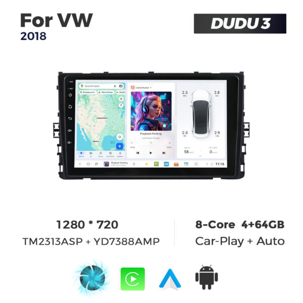 Navigatie Dedicata Volkswagen 2018+ DUDU3 9" 4GB RAM, 64GB ROM, Octacore, Ecran HD, CarPlay&AndroidAuto, Android