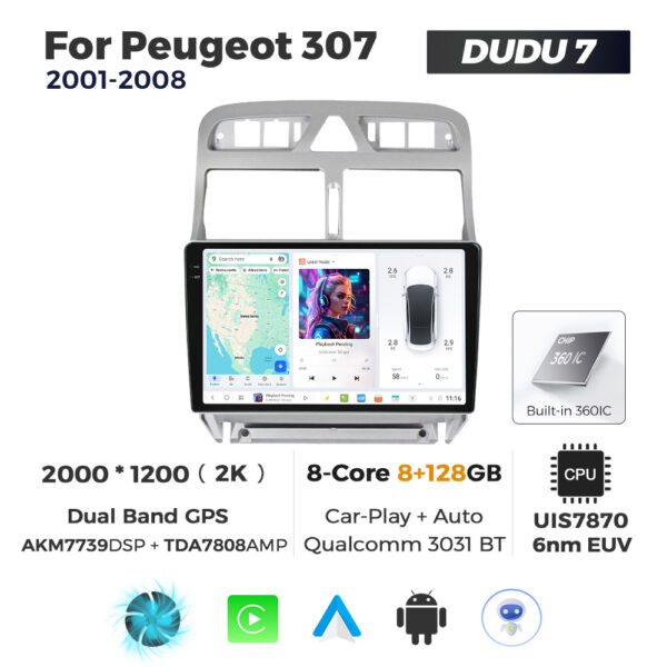 Navigatie Dedicata Peugeot 307 2001-2008 DUDU7 9" 8GB RAM, 128GB ROM, Octacore, Ecran 2K, CarPlay&AndroidAuto, Android