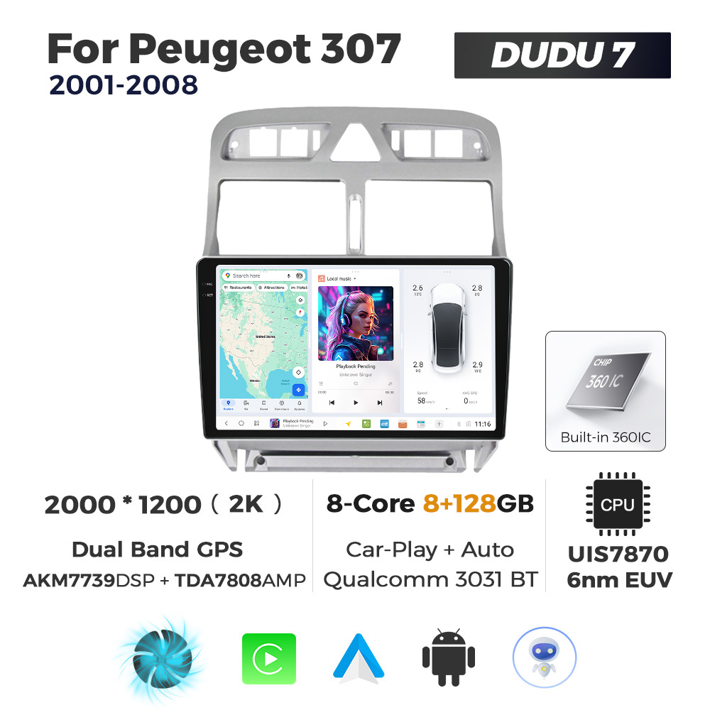 Navigatie Dedicata Peugeot 307 2001-2008 DUDU7 9" 8GB RAM, 128GB ROM, Octacore, Ecran 2K, CarPlay&AndroidAuto, Android - imagine 1