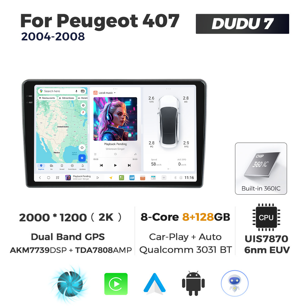 Navigatie Dedicata Peugeot 407 2004-2008 DUDU7 9" 8GB RAM, 128GB ROM, Octacore, Ecran 2K, CarPlay&AndroidAuto, Android - imagine 1