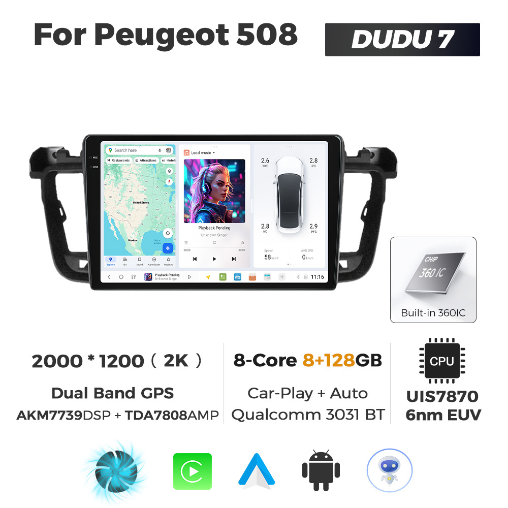 Navigatie Dedicata Peugeot 508 DUDU7 9" 8GB RAM, 128GB ROM, Octacore, Ecran 2K, CarPlay&AndroidAuto, Android - imagine 1