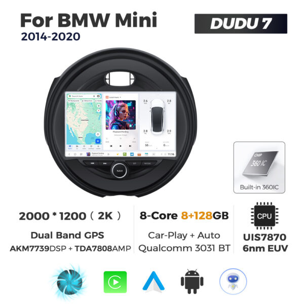 Navigatie Dedicata BMW MINI 2014-2020 DUDU7 9" 8GB RAM, 128GB ROM, Octacore, Ecran 2K, CarPlay&AndroidAuto, Android