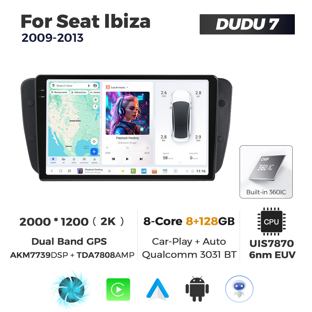 Navigatie Dedicata Seat Ibiza 2009-2013 DUDU7 9" 8GB RAM, 128GB ROM, Octacore, Ecran 2K, CarPlay&AndroidAuto, Android - imagine 1