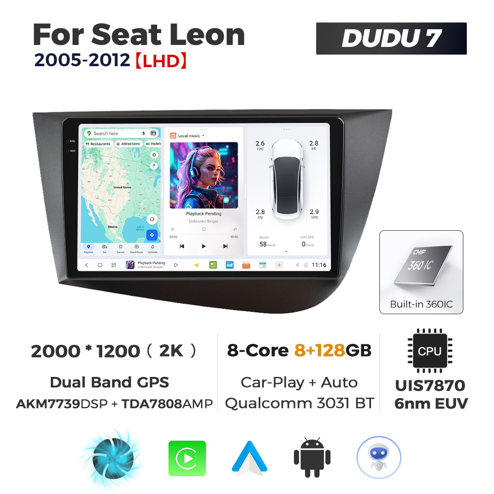 Navigatie Dedicata Seat Leon 2005-2012 DUDU7 9" 8GB RAM, 128GB ROM, Octacore, Ecran 2K, CarPlay&AndroidAuto, Android - imagine 1