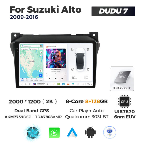 Navigatie Dedicata Suzuki Alto 2009-2016 DUDU7 9" 8GB RAM, 128GB ROM, Octacore, Ecran 2K, CarPlay&AndroidAuto, Android