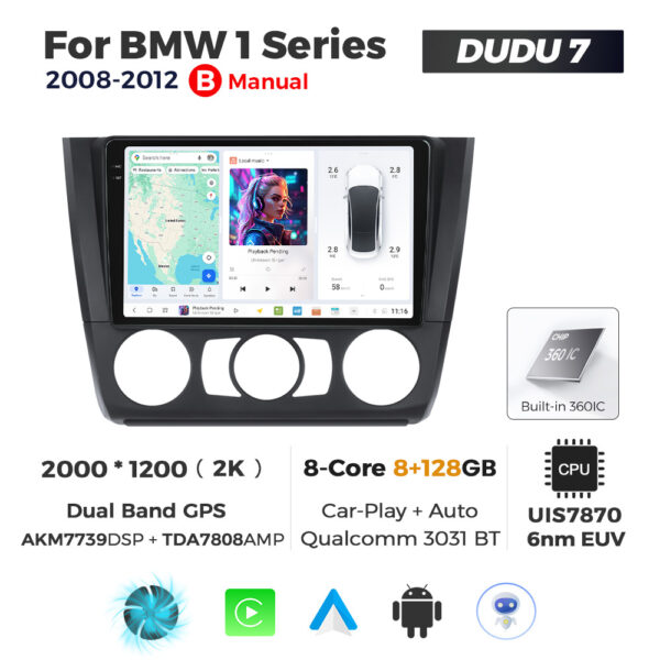 Navigatie Dedicata BMW Seria 1 2008-2012 DUDU7 9" 8GB RAM, 128GB ROM, Octacore, Ecran 2K, CarPlay&AndroidAuto, Android, AC